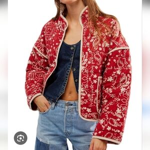Free People Red and White Bomber Jacket